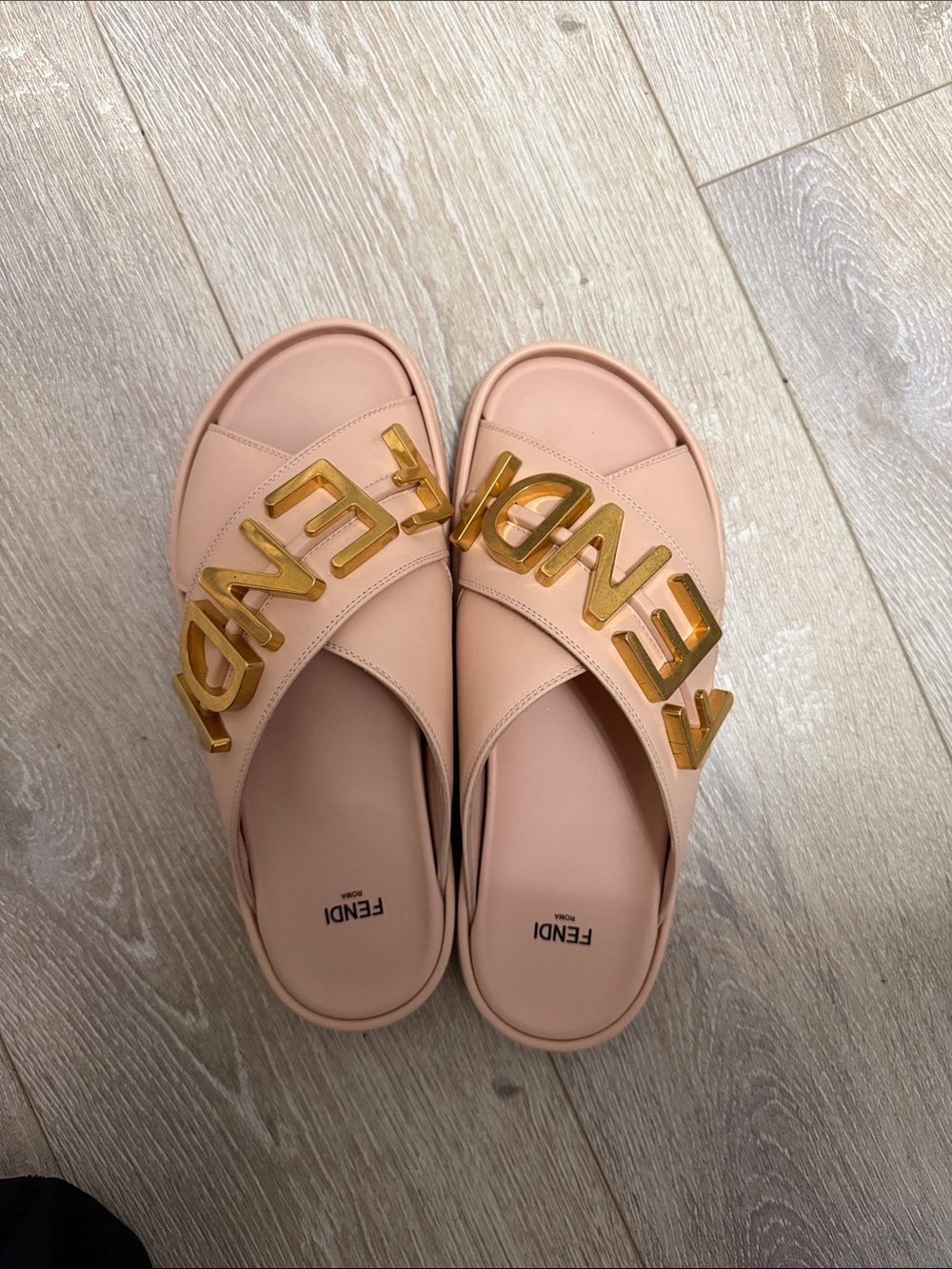 Fendi Blush Pink Logo Crossband Slide Sandals with Gold Hardware